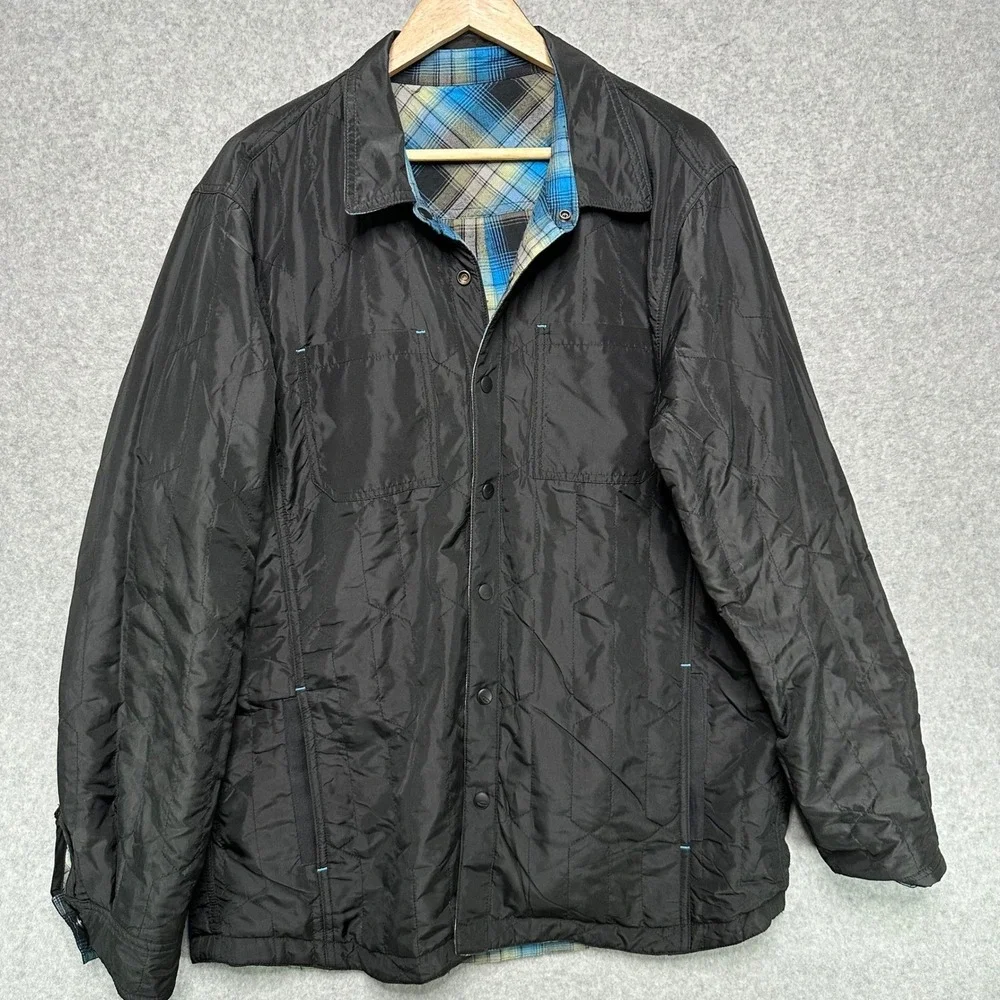 Oakley Reversible Shirt Jacket Mens XL Blue Plaid Flannel Black Quilted Puffer
